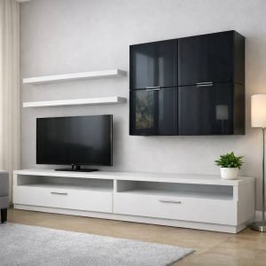 PARETE ATTREZZATA MODERNA BIANCO - NERO LUCIDO