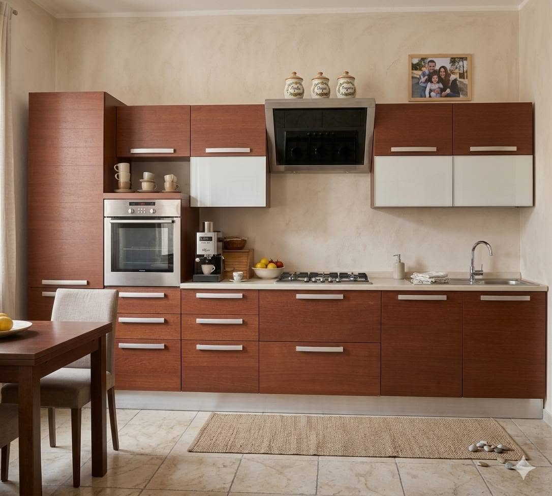 CUCINA COMPONIBILE MODERNA ‘LUBE’ ROSSO MOGANO