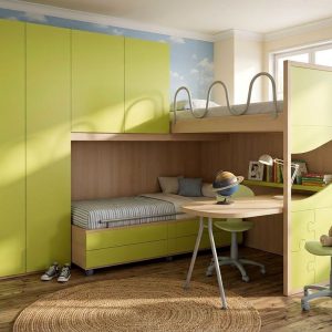 CAMERETTA A SOPPALCO VERDE - FAGGIO CON SCRIVANIA con SEDIA + SCALA CONTENITORE